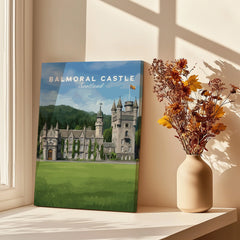 Balmoral Castle travel poster canvas print on windowsill with vase of flowers, sunlight and shadows
