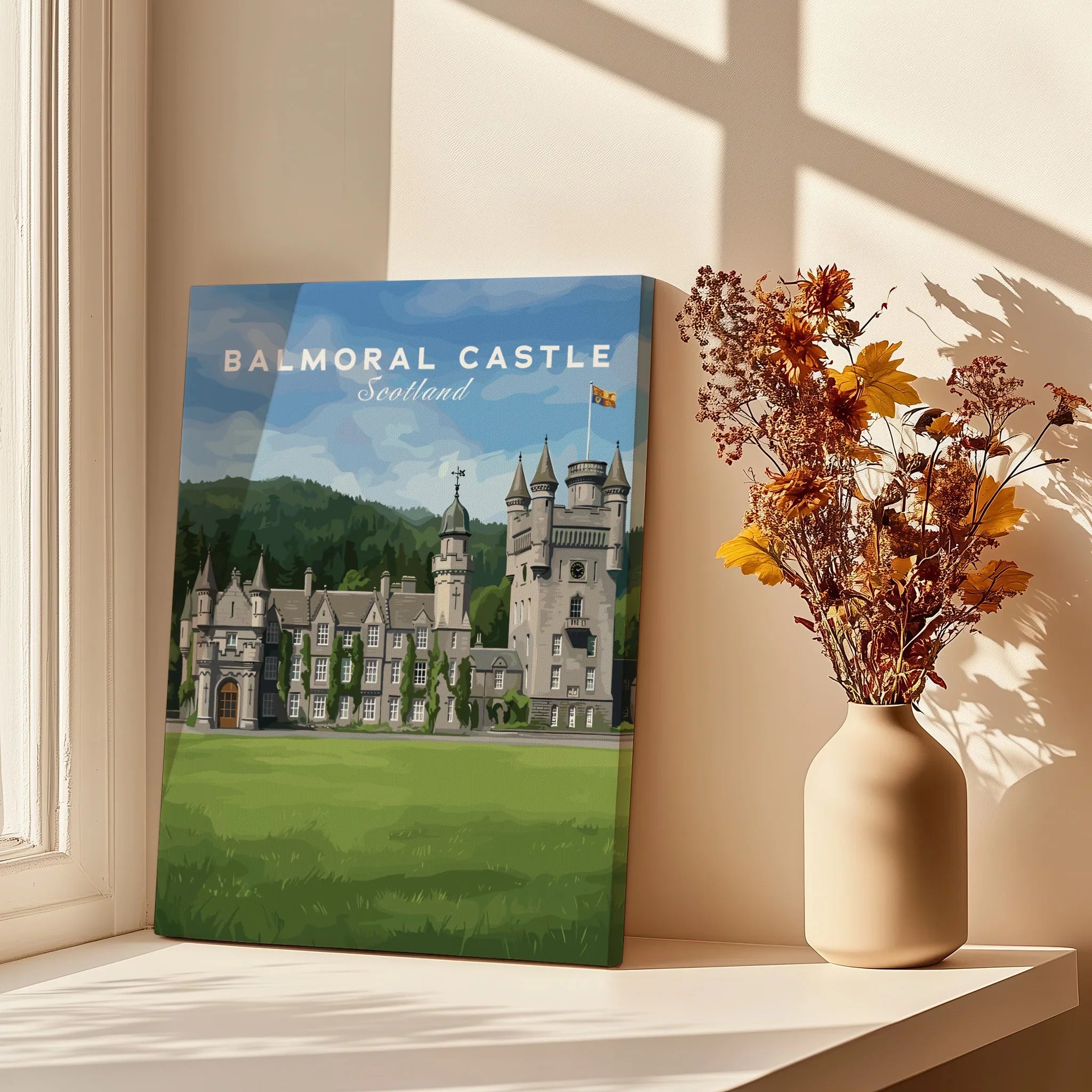 Balmoral Castle travel poster canvas print on windowsill with vase of flowers, sunlight and shadows