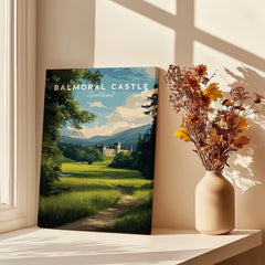 Balmoral Castle travel poster canvas print on windowsill with vase of dried flowers in sunlight