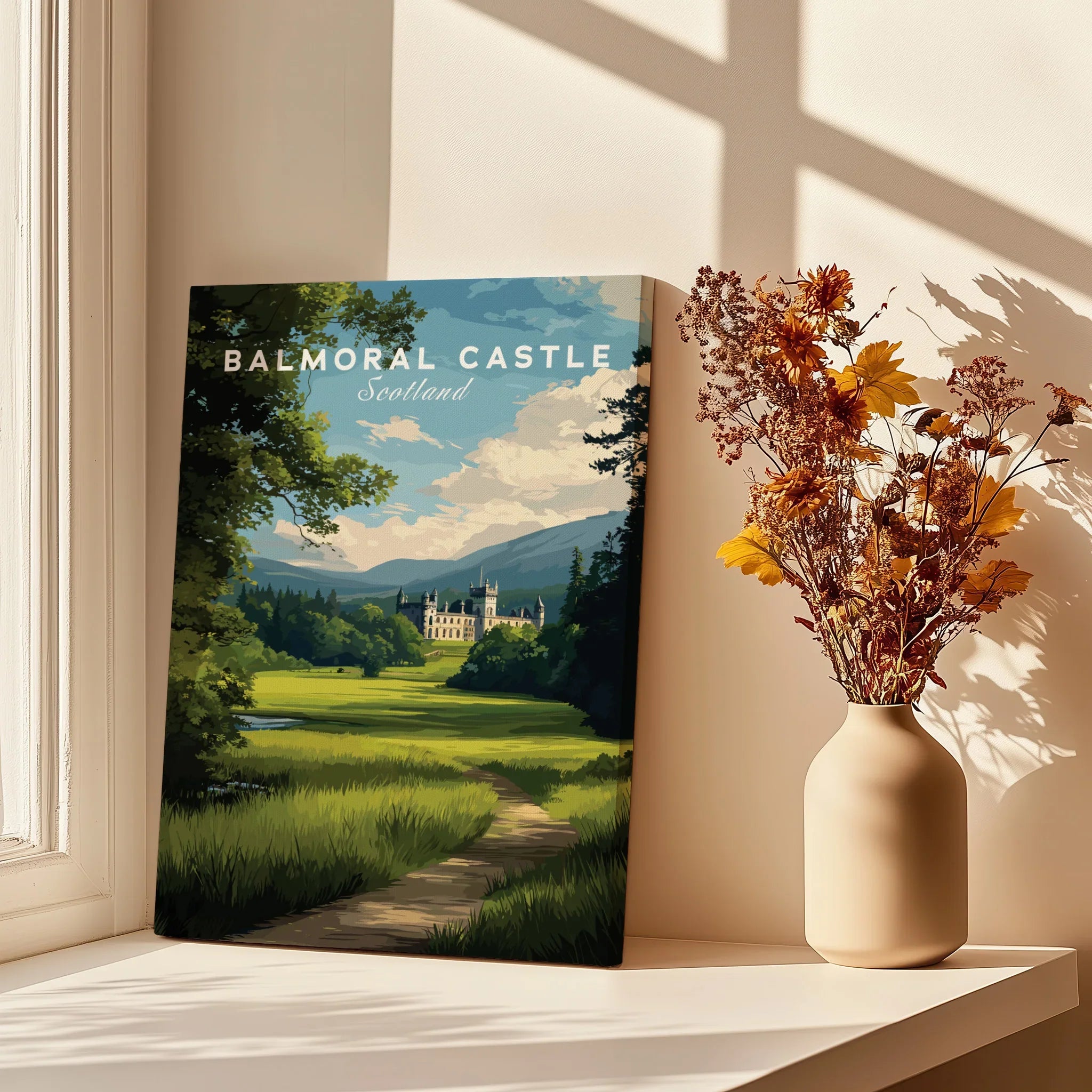 Balmoral Castle travel poster canvas print on windowsill with vase of dried flowers in sunlight
