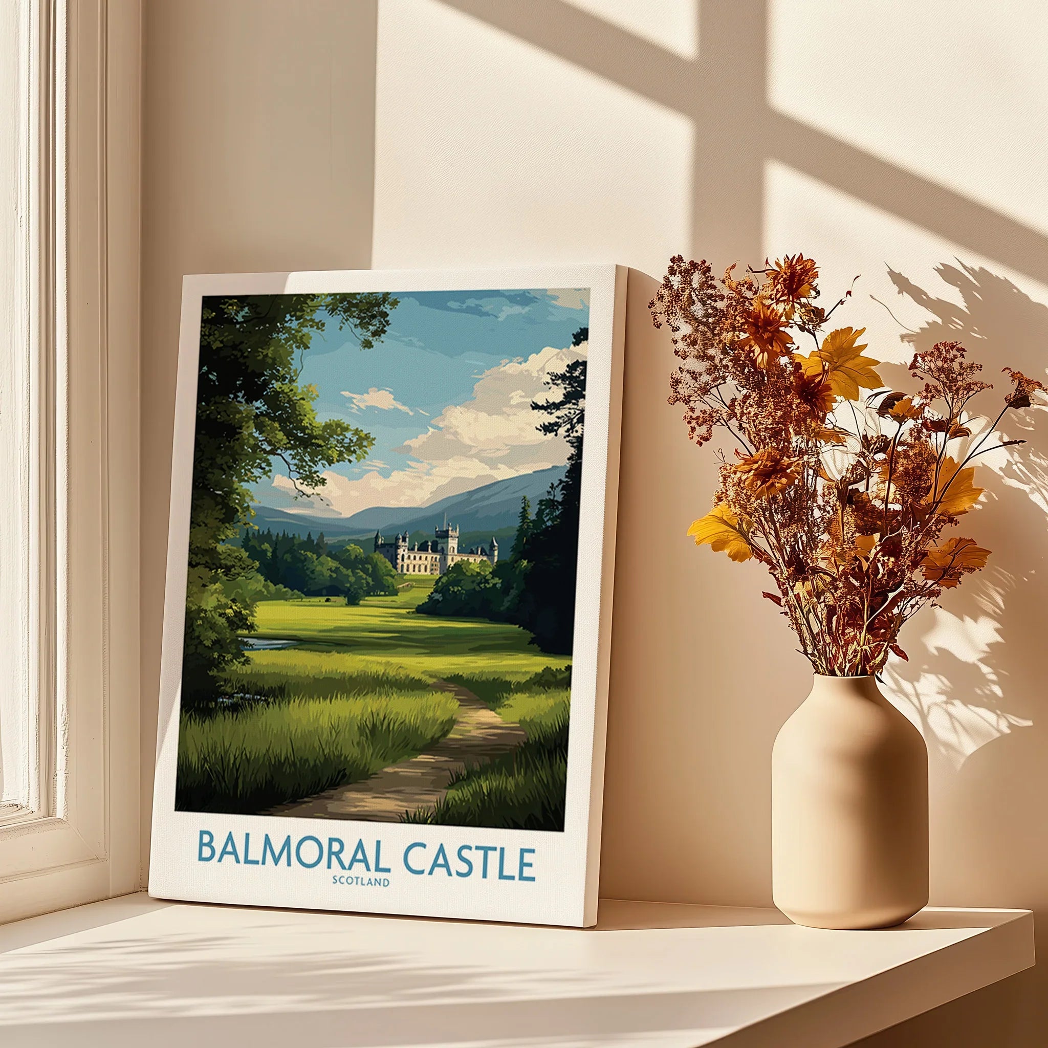 Balmoral Castle art print on windowsill with autumn flowers in vase, home decor