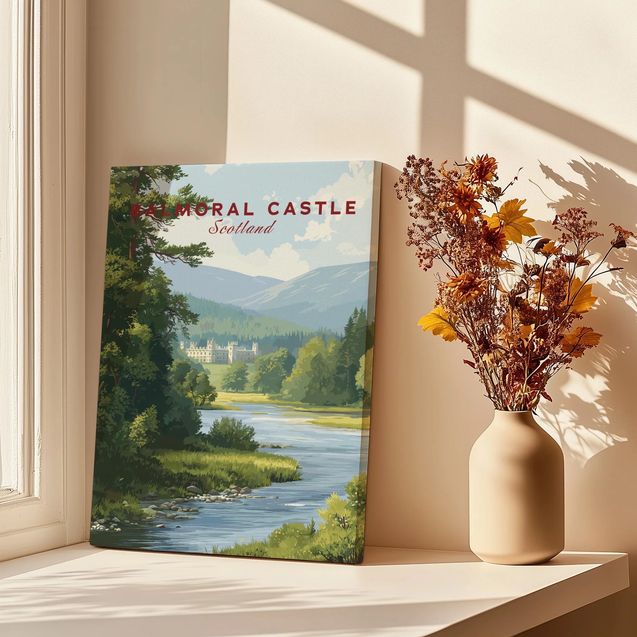 Balmoral Castle Scotland travel art print by a window, vase with autumn flowers nearby