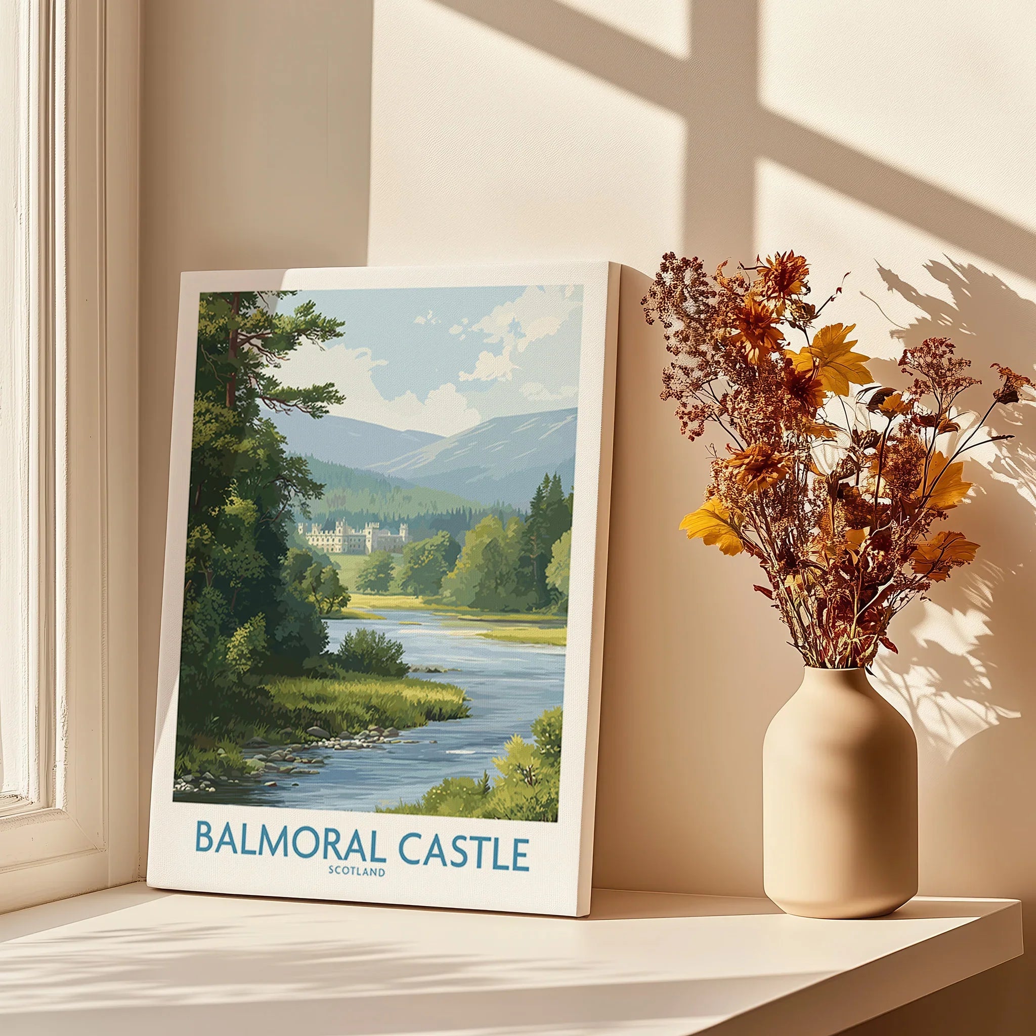 Balmoral Castle travel art print on windowsill with dried flowers in vase, natural light.