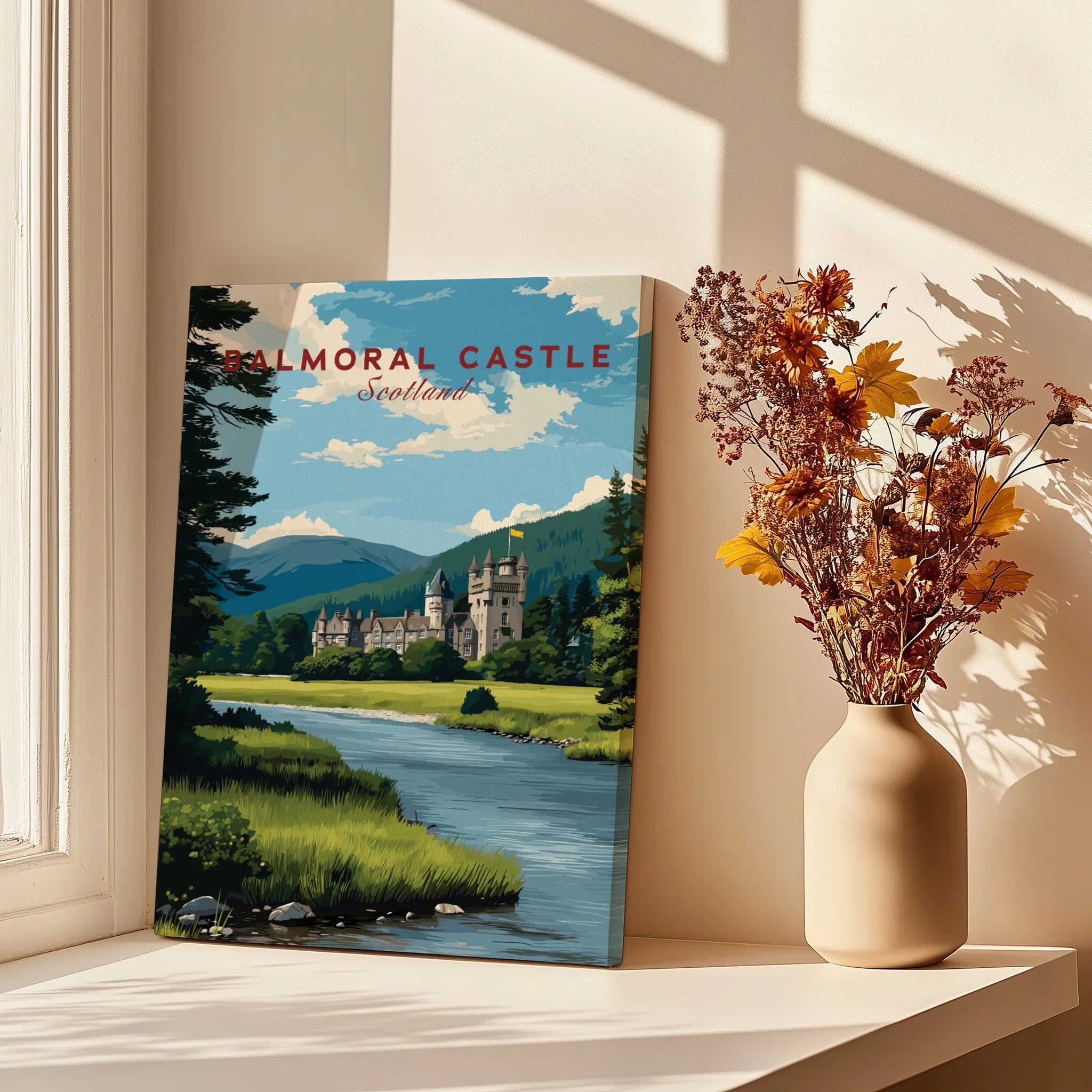 Balmoral Castle Scotland travel poster canvas print by sunny window with vase of dried flowers