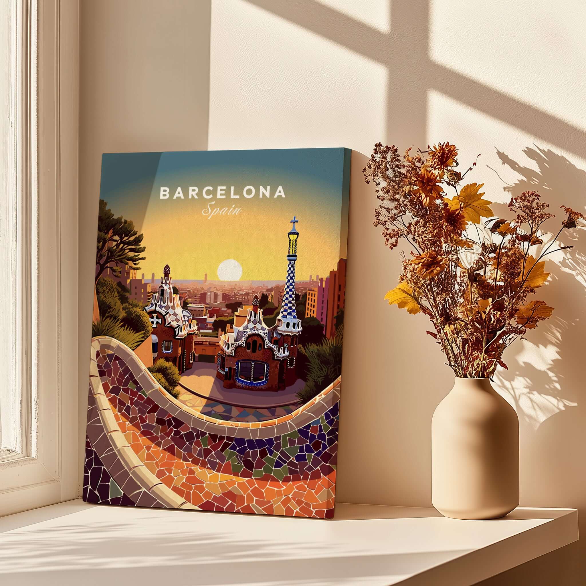 Barcelona Travel Poster Print showcasing vibrant colors and iconic architecture of Barcelona, Spain.