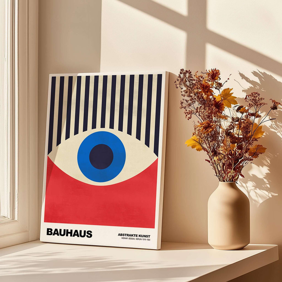Bauhaus Exhibition Prints - Abstract Eye Art Print Geometric Red Blue Design displayed beside flowers in a vase.