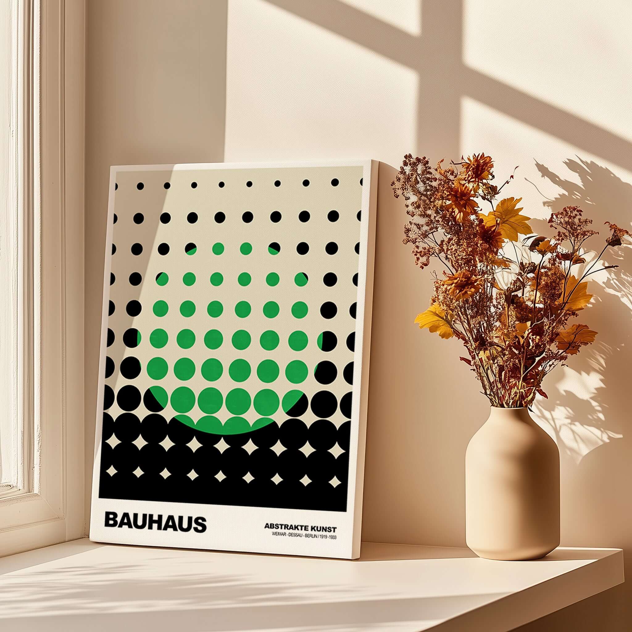 Bauhaus Exhibition Prints - Abstract Circle Pattern Art Print Green Black Dot Gradient displayed beside a vase of flowers.