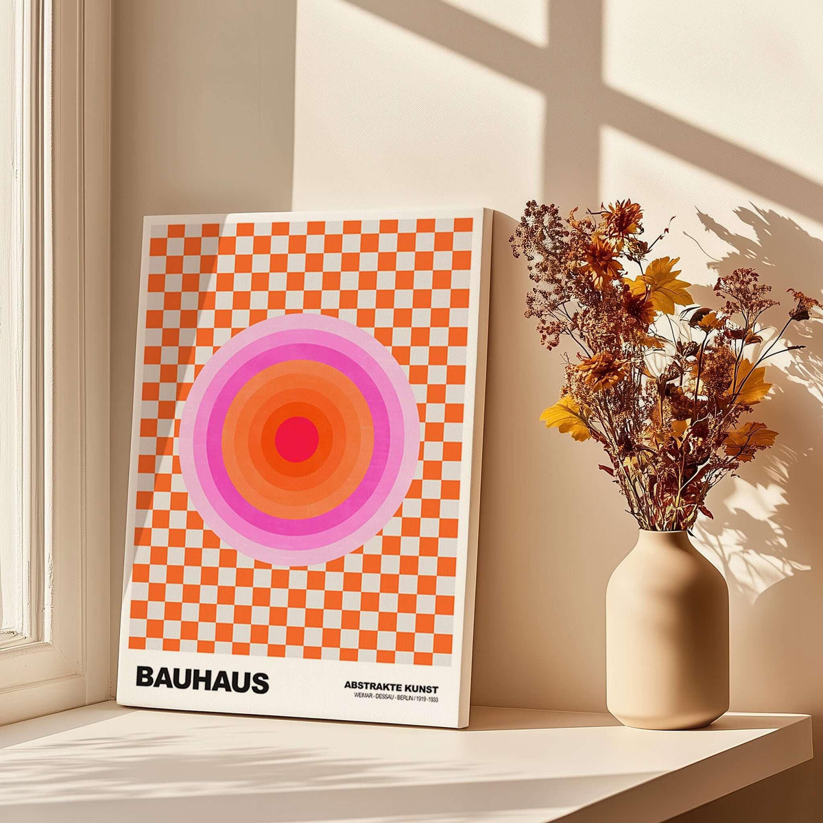 Bauhaus Exhibition Prints - Pink Circles Poster Orange Checkerboard Art displayed in a sunlit room next to a vase of flowers.