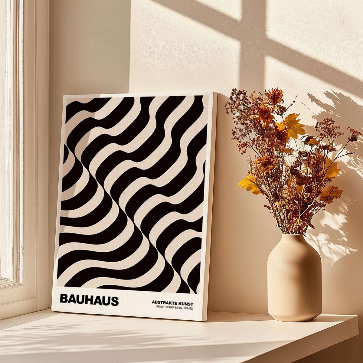 Bauhaus Exhibition Prints - Thick Undulating Waves Poster Black Cream Abstract Art in a sunlit room with flowers.