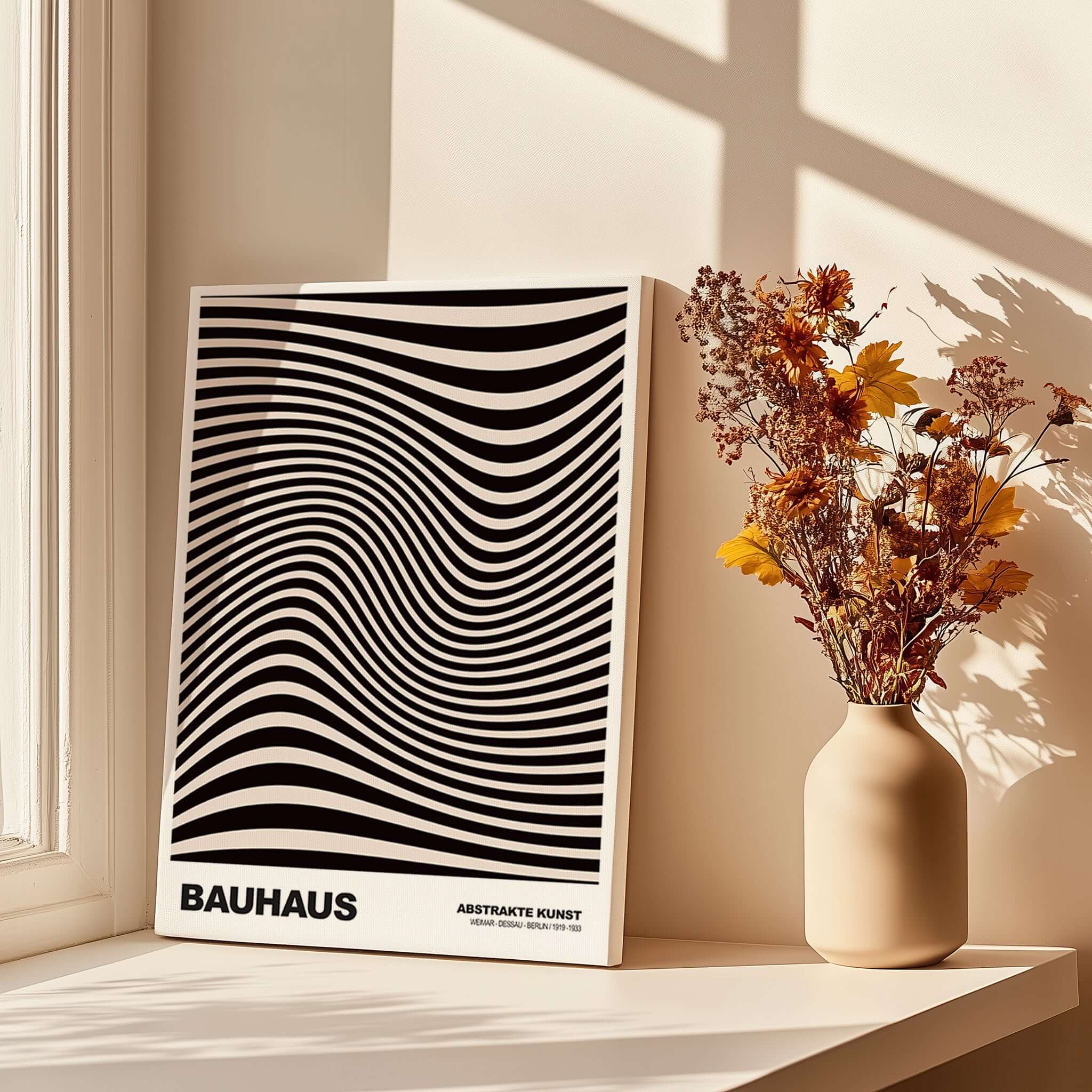 Bauhaus Exhibition Prints -  Optical Wave Lines Art Print Black Cream Abstract displayed beside a vase with flowers.