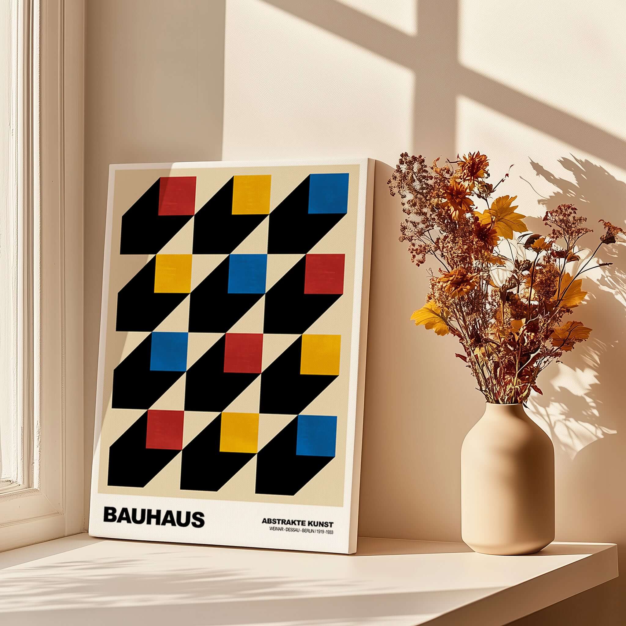 Bauhaus Exhibition Prints - Isometric Cubes Art Print Red Yellow Blue Design displayed near vase of flowers.