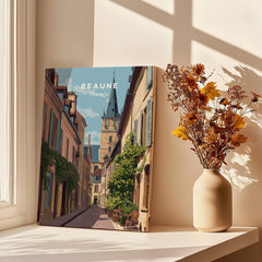 Beaune Travel Poster – Burgundy France Wall Art showcasing picturesque streets and charming architecture.