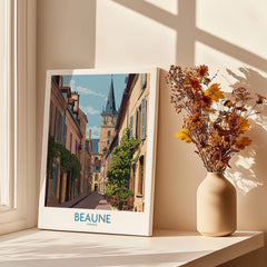 Beaune France Wall Art – Village Print showcasing a charming street scene with medieval architecture and a stylish vase.