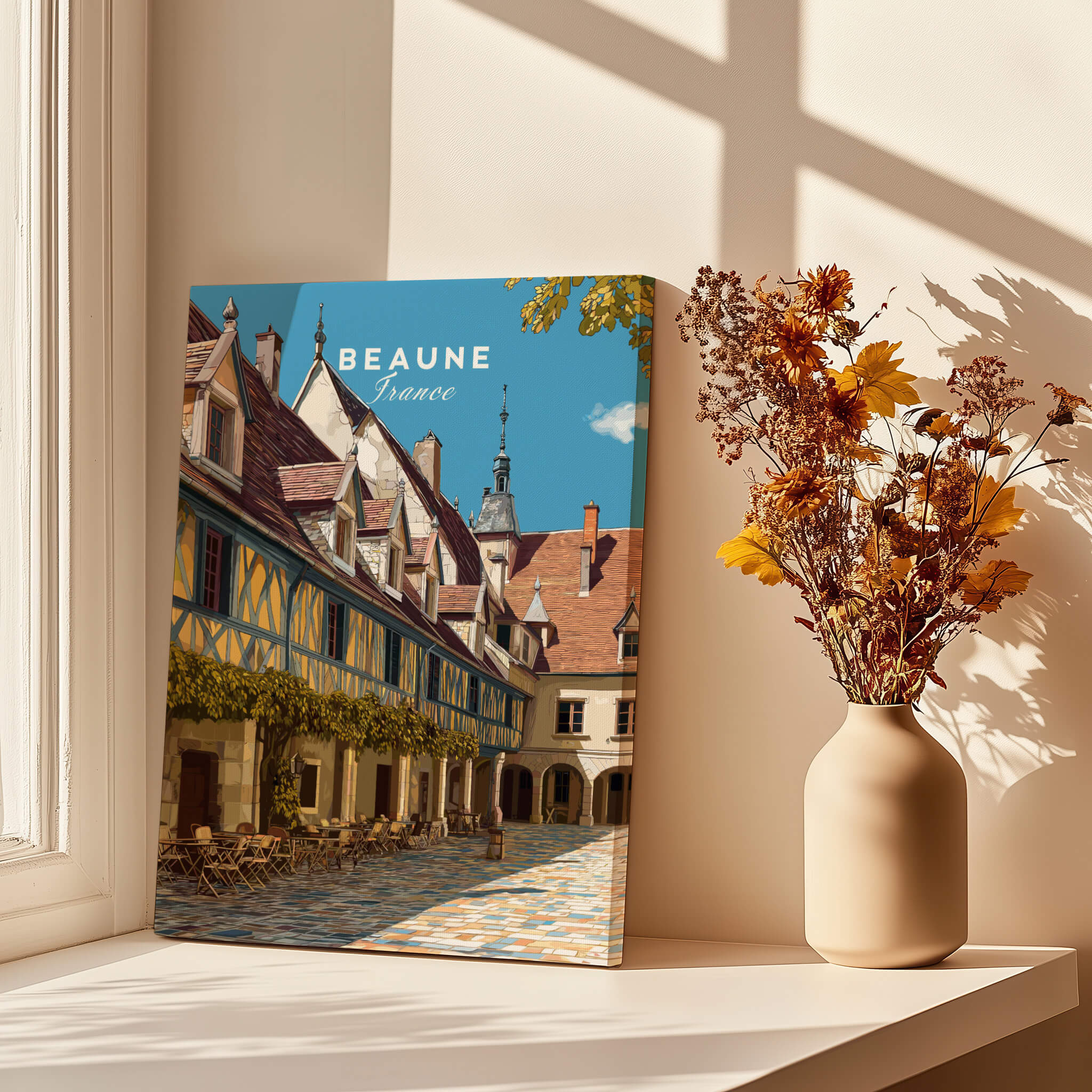 Beaune Travel Poster – Hospices de Beaune Architecture and Courtyard Art showcasing the charming architecture of Beaune, France.