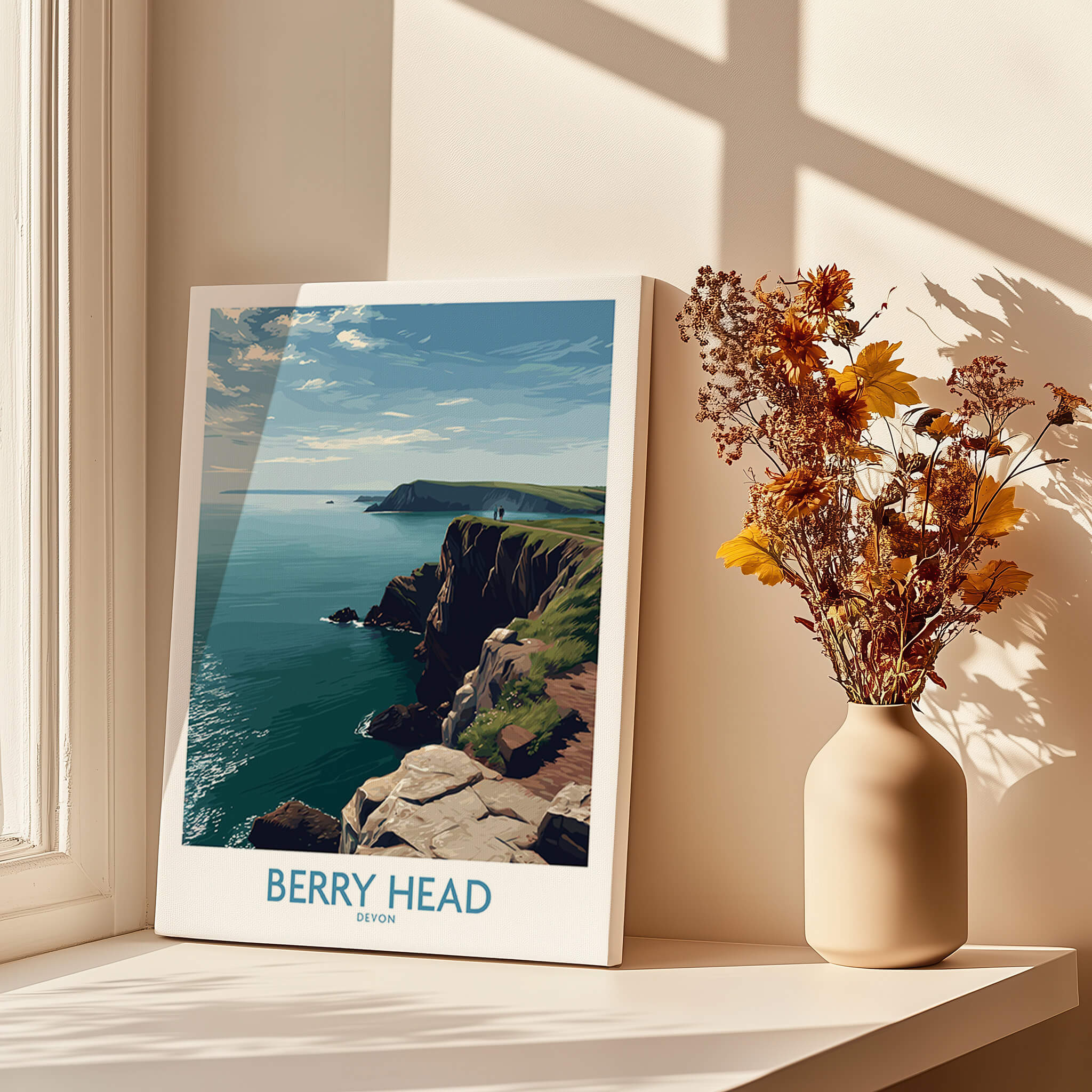 Berry Head Devon Wall Art – English Coast Print featuring rugged cliffs and coastal landscape in natural light.