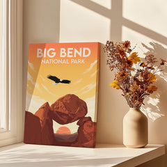 Big Bend National Park canvas print in sunny window with vase of dried flowers, wall art decor