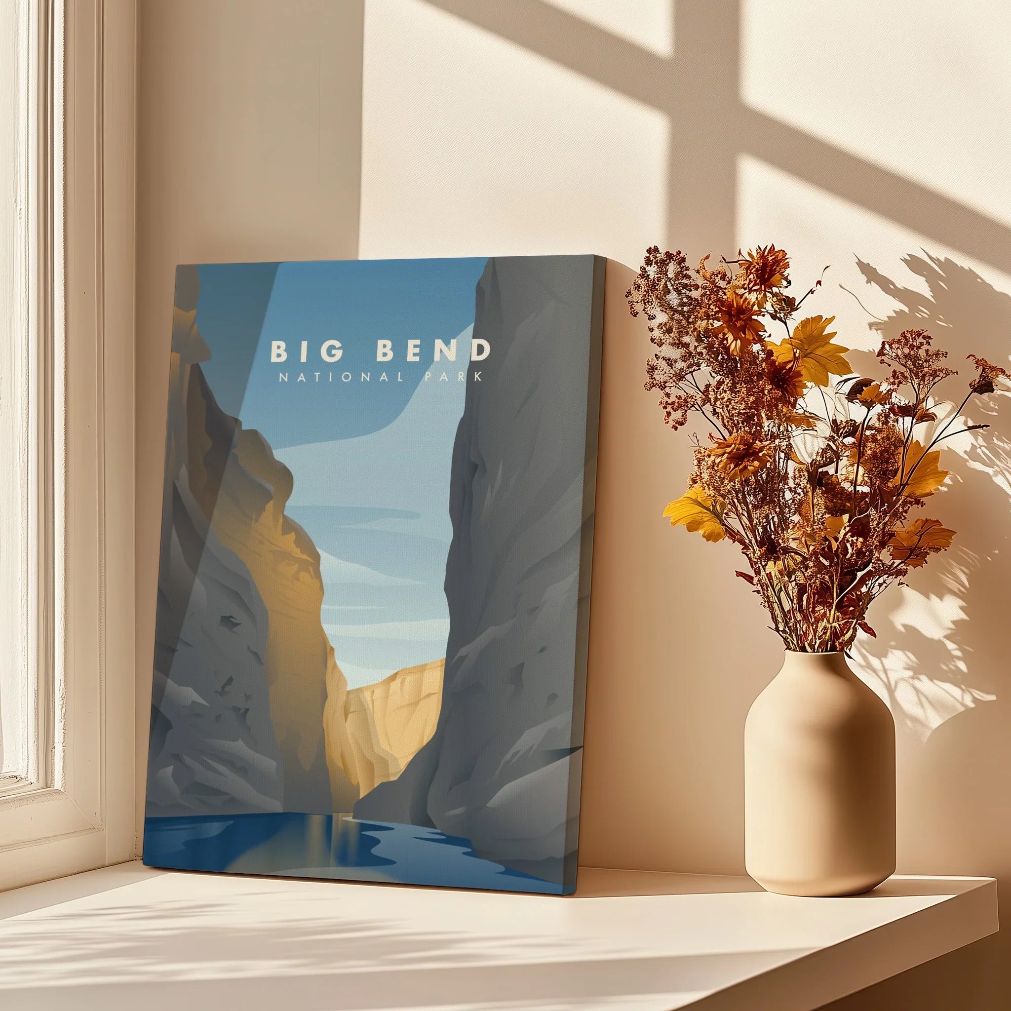 Big Bend National Park canvas print on windowsill with vase of dried flowers in sunlight