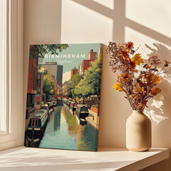 Birmingham England canal art print by window with vase of dried yellow flowers and sunlight