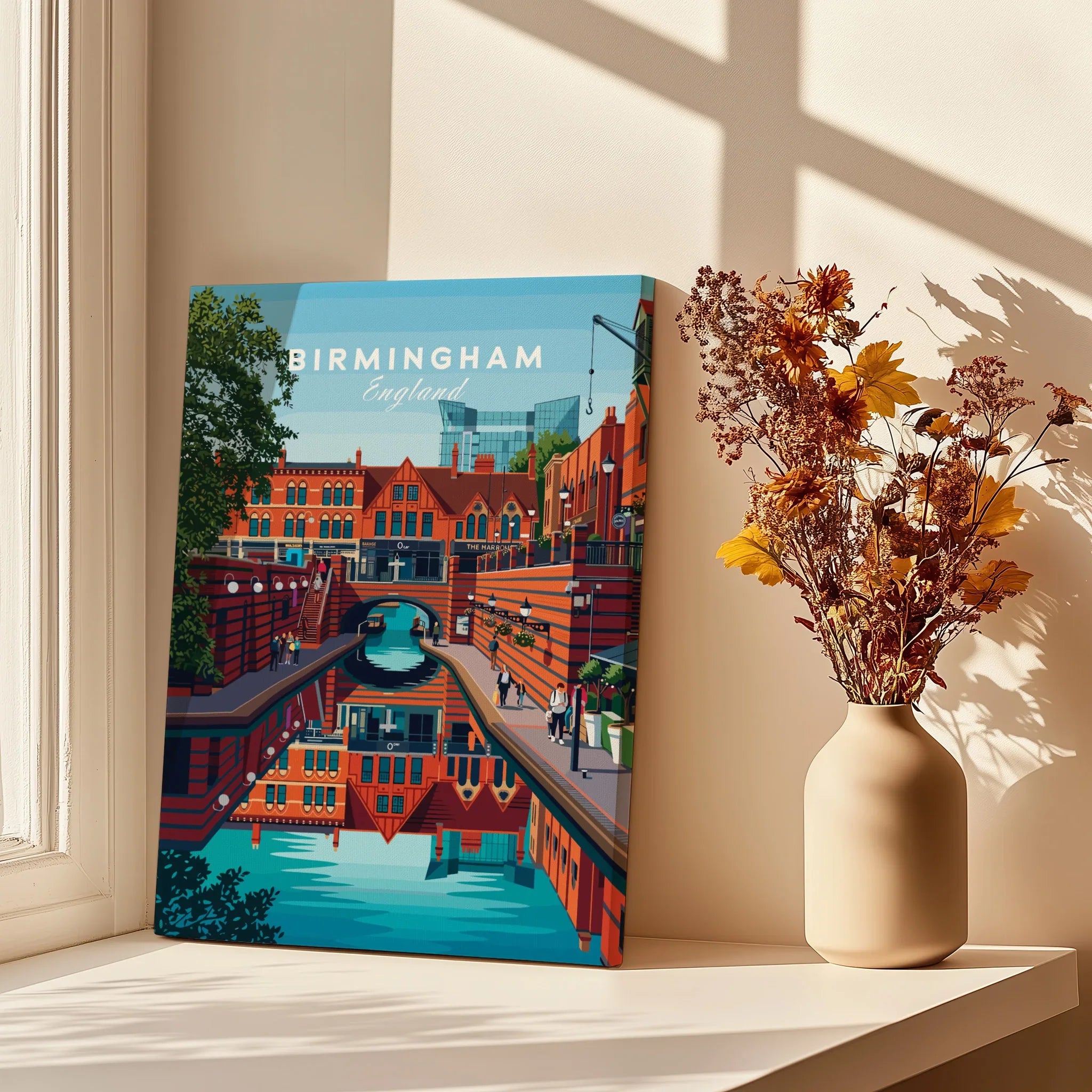 Birmingham England travel poster canvas print by window with shadows and dried flowers