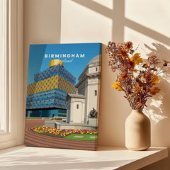 Birmingham England cityscape wall art print on windowsill with vase of dried flowers