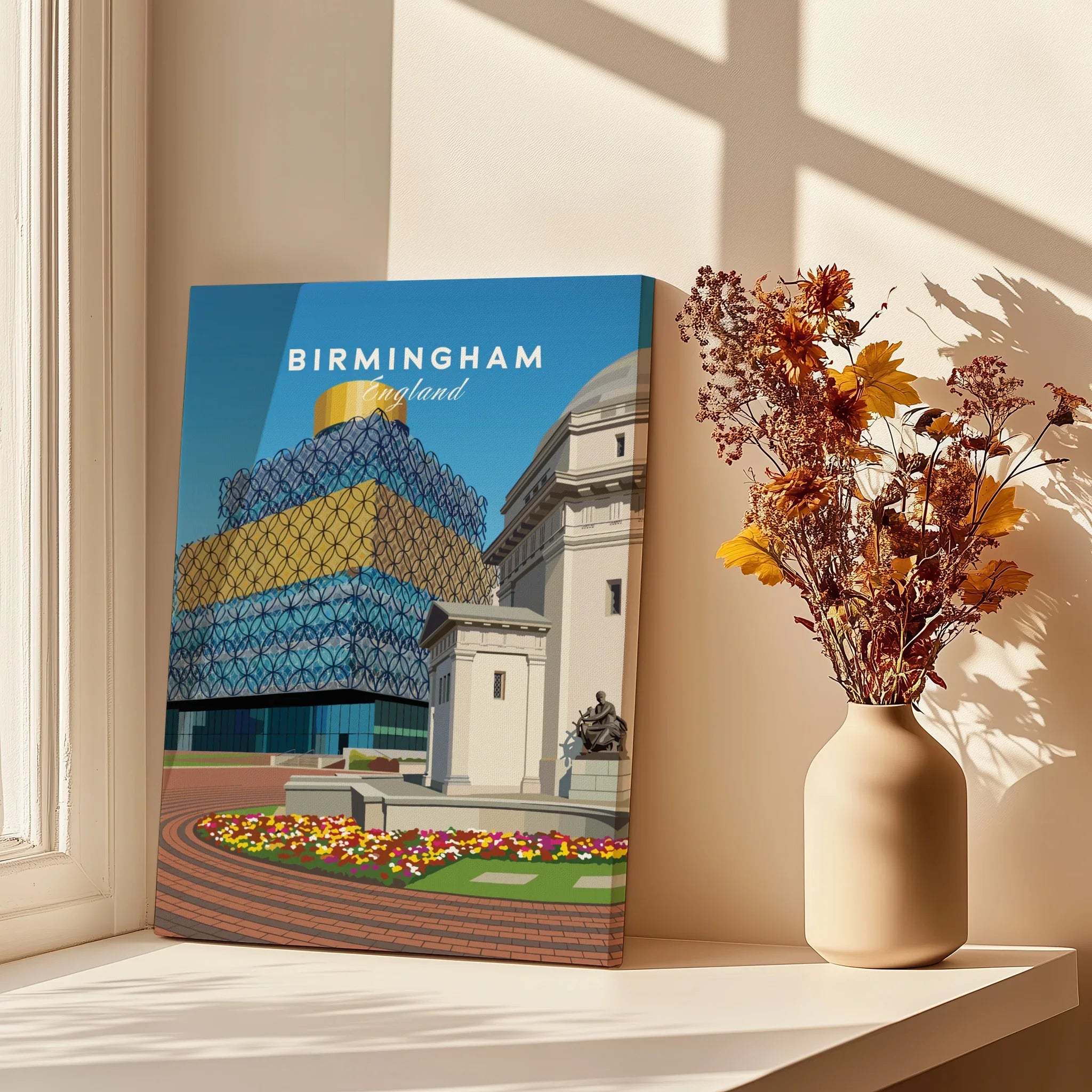 Birmingham England cityscape wall art print on windowsill with vase of dried flowers