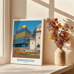 Birmingham travel poster canvas print on windowsill with vase of dried flowers in sunlight