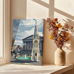 Birmingham travel poster canvas with city skyline, set by window with vase of dried flowers.
