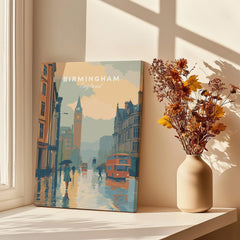 canvas print of Birmingham cityscape on window ledge with vase of dried flowers and shadows