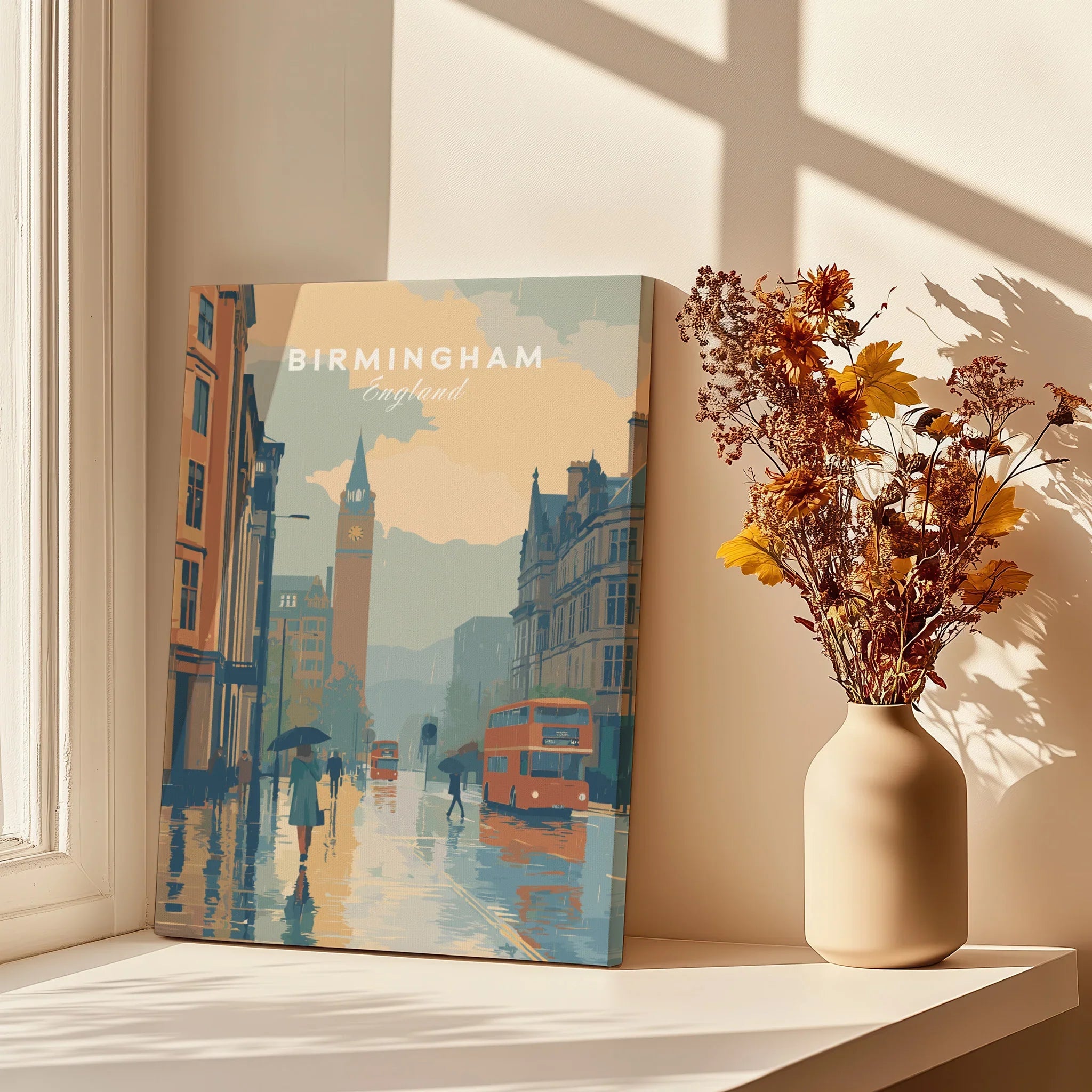 canvas print of Birmingham cityscape on window ledge with vase of dried flowers and shadows