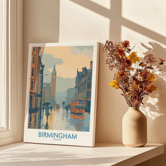 Birmingham cityscape wall art print on windowsill with dried flowers in vase, home decor