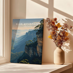 Blue Mountains Australia canvas print on windowsill with vase of autumn flowers in sunlight