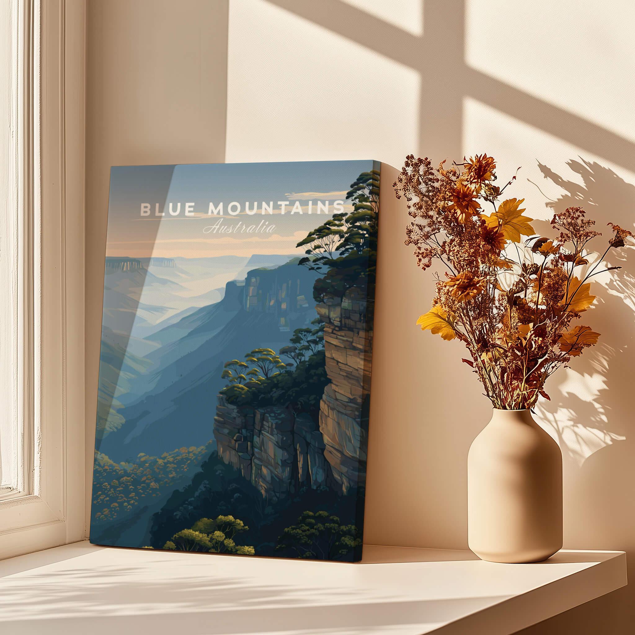 Blue Mountains Australia canvas print on windowsill with vase of autumn flowers in sunlight