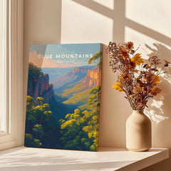 Blue Mountains Australia travel poster canvas on windowsill with vase of dried flowers