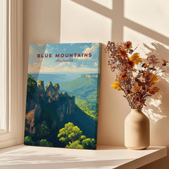 Blue Mountains Australia travel poster print on windowsill with vase of dried flowers