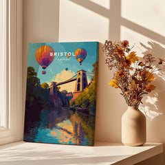 Bristol Travel Poster – Clifton Suspension Bridge and Hot Air Balloons Art featuring vibrant hot air balloons and scenic views.