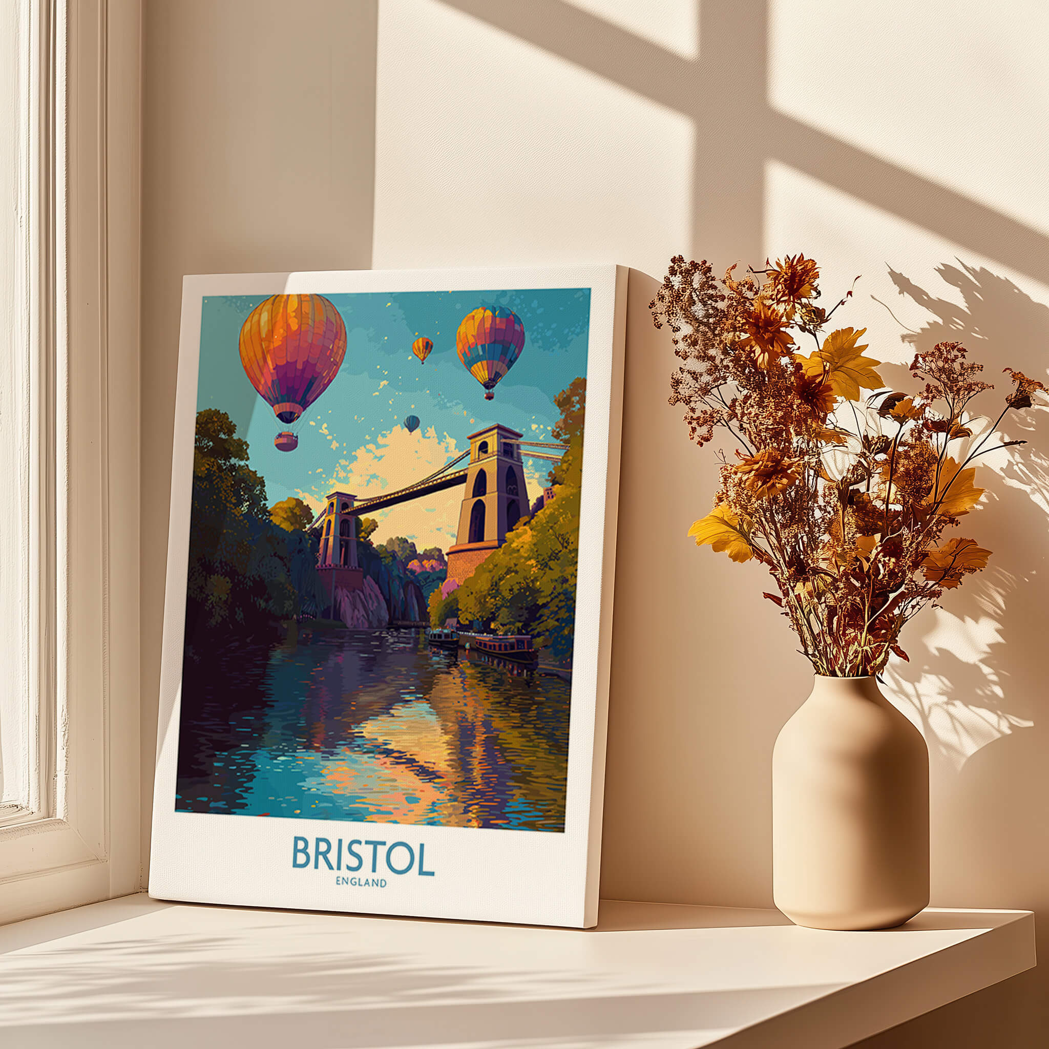 Bristol England Wall Art – River Avon Sunset and Balloon Festival Print with colorful hot air balloons and bridge.