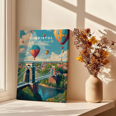 Bristol Travel Poster – Cityscape and Clifton Suspension Bridge Print with hot air balloons and vibrant scenery.