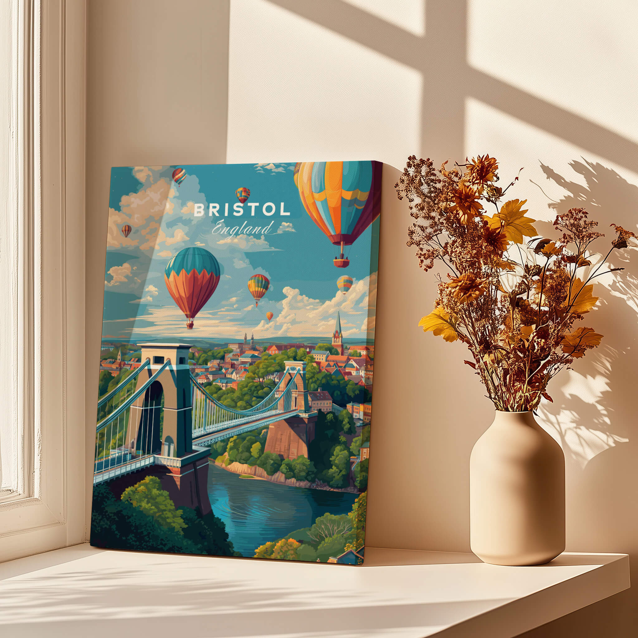 Bristol Travel Poster – Cityscape and Clifton Suspension Bridge Print with hot air balloons and vibrant scenery.