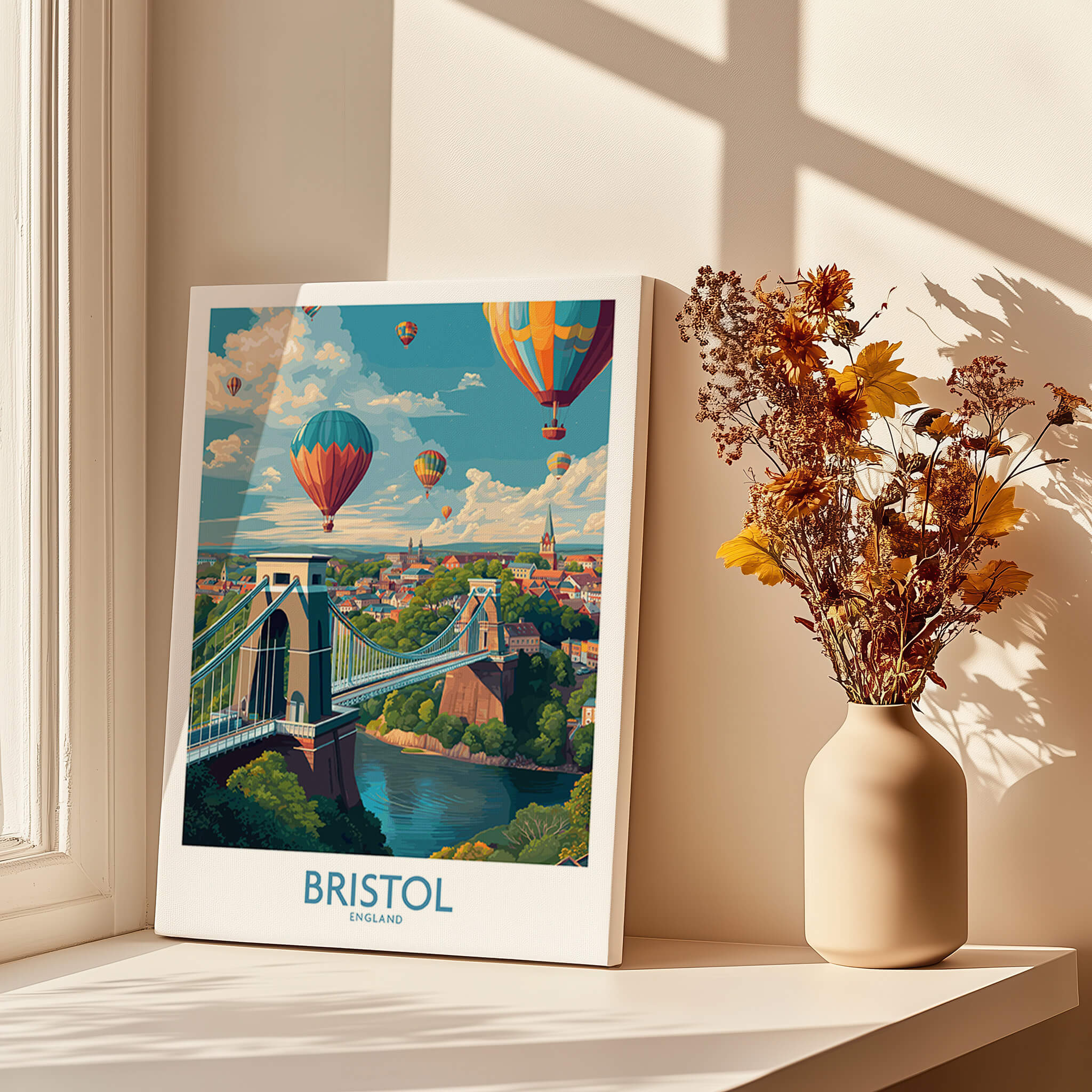 Bristol England Print – Hot Air Balloons Over Historic City Wall Art displayed beside a vase of flowers in natural light.