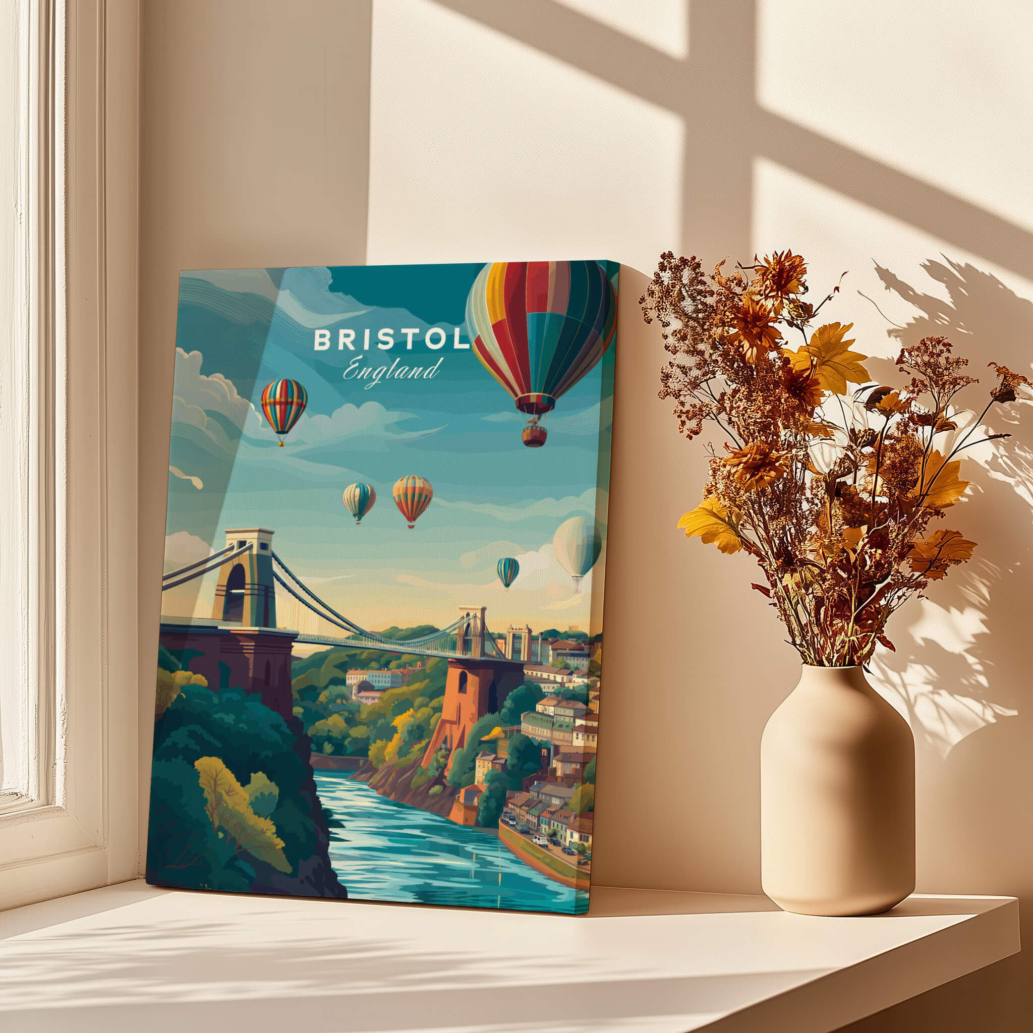 Bristol Art Print - Clifton Bridge Poster featuring colorful hot air balloons over the iconic Clifton Bridge in Bristol, England.