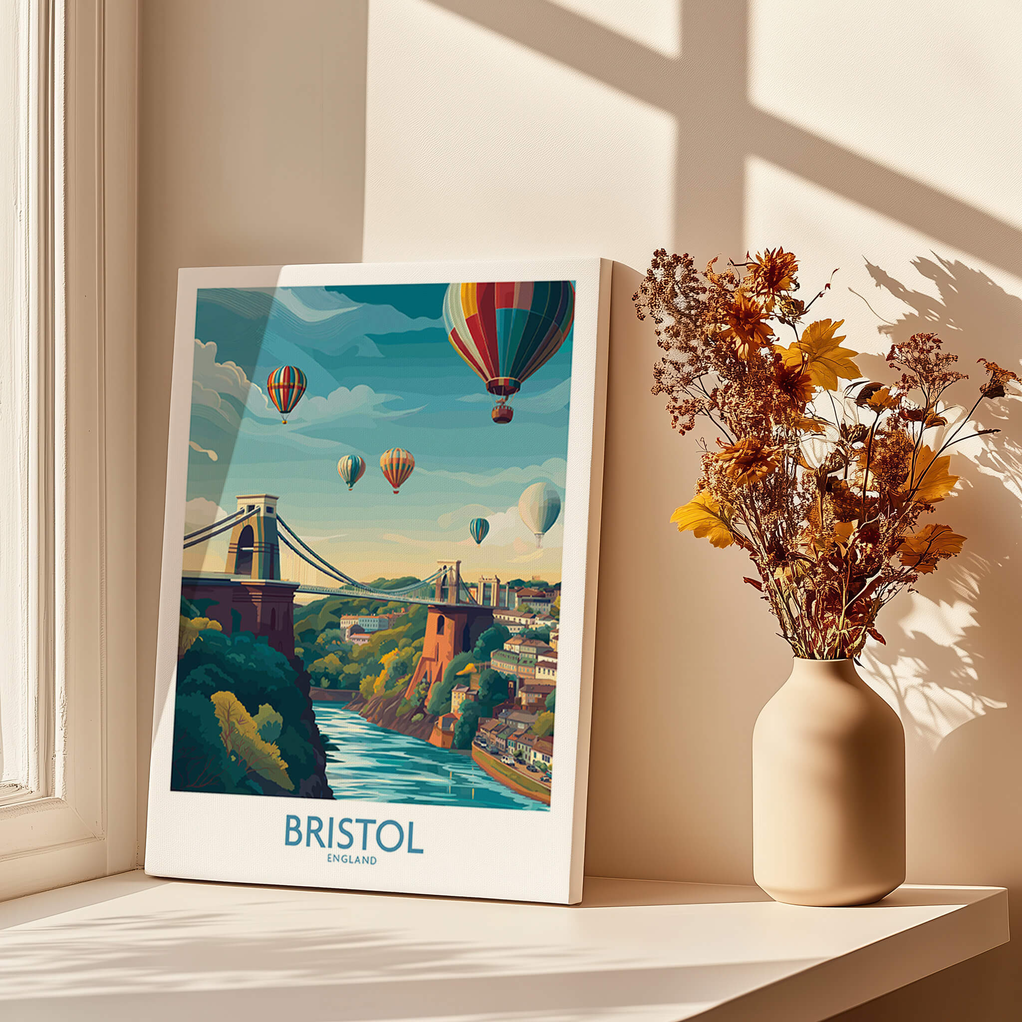 Bristol Canvas Print - Wall Art Poster featuring hot air balloons and iconic bridge scenery.