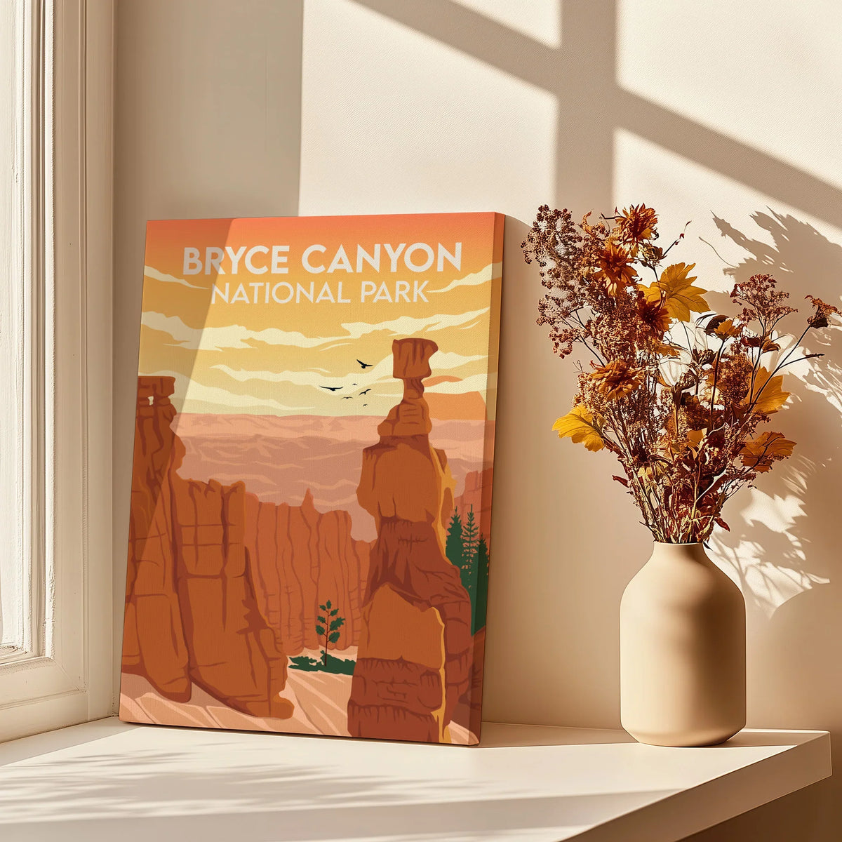 Bryce Canyon National Park canvas print by window with vase of dried flowers and warm sunlight