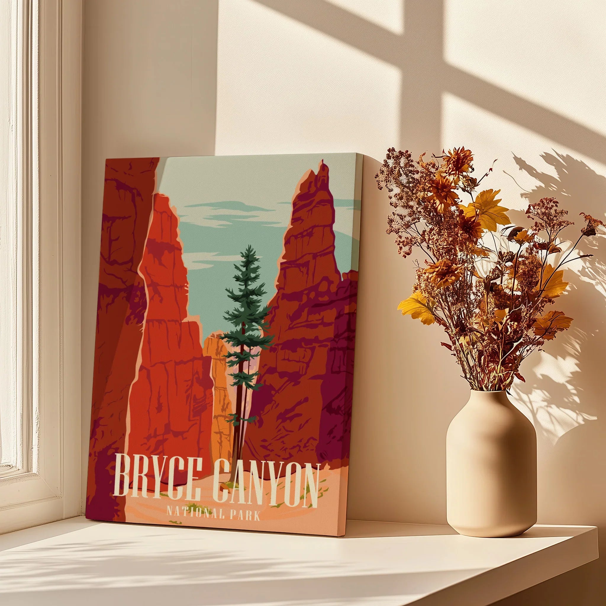 Bryce Canyon National Park travel poster canvas on windowsill with vase of dried flowers