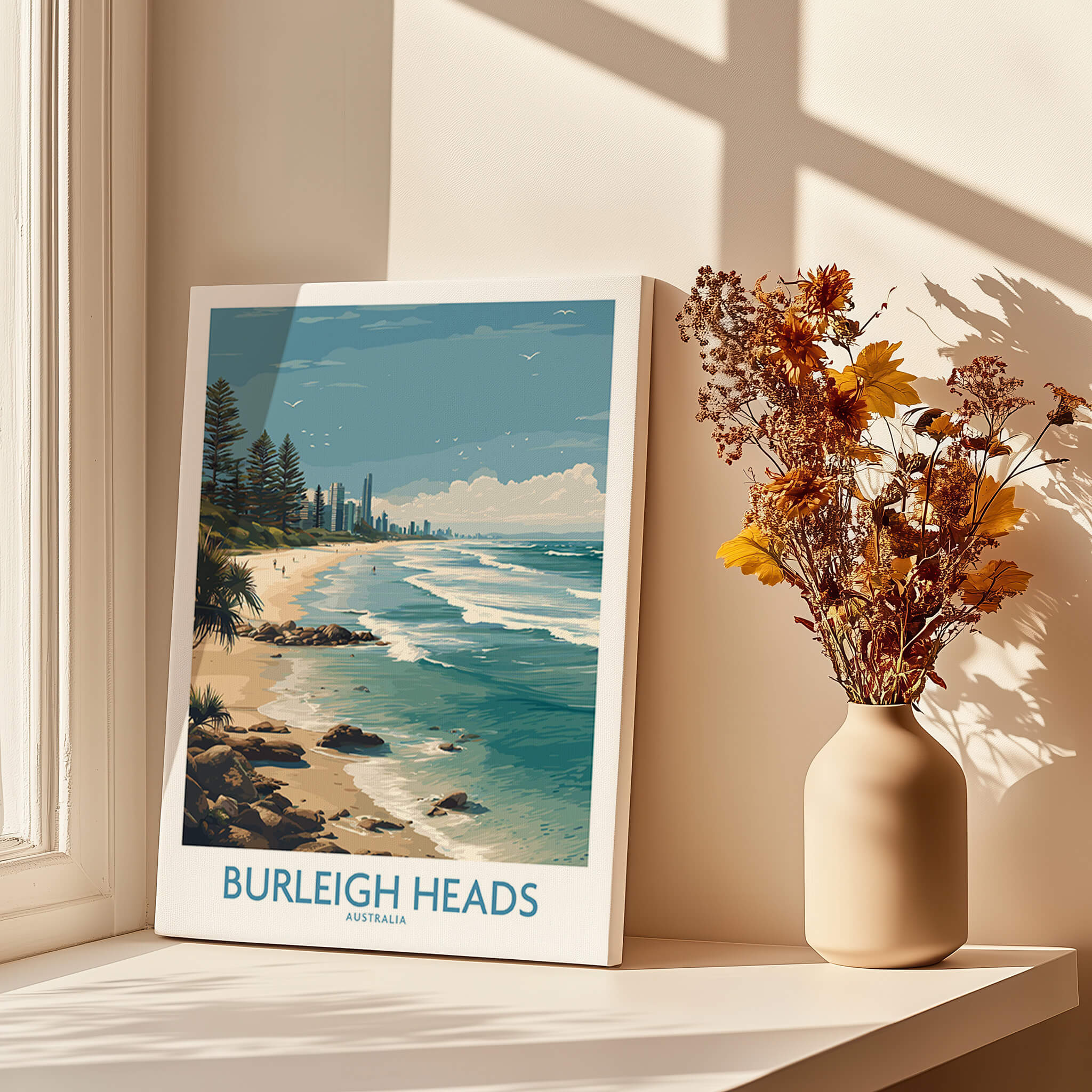 Burleigh Heads Travel Poster - Canvas Print showcasing the scenic beaches and coastal beauty of Queensland, Australia.