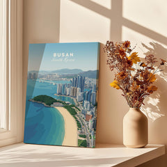 Busan South Korea city skyline canvas print on windowsill with vase of dried flowers