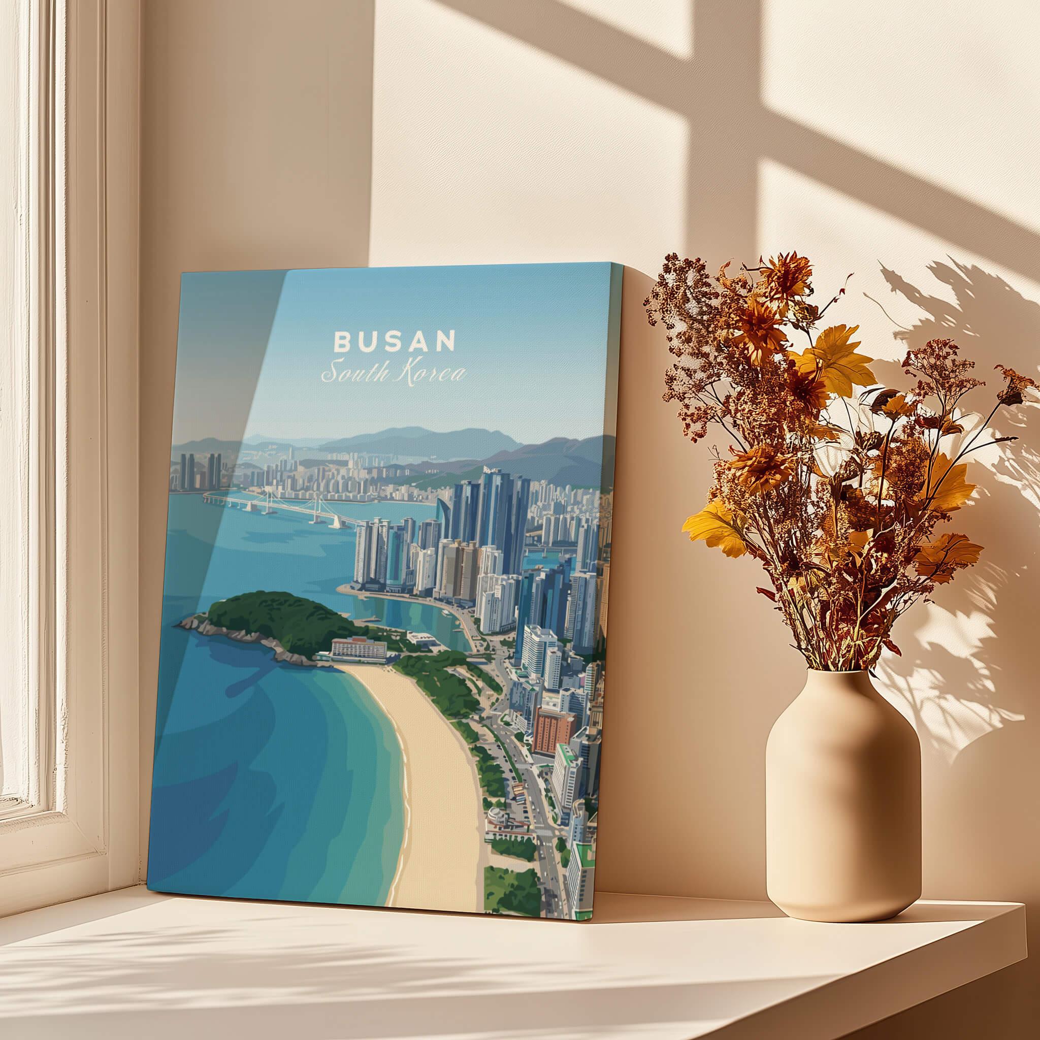 Busan South Korea city skyline canvas print on windowsill with vase of dried flowers