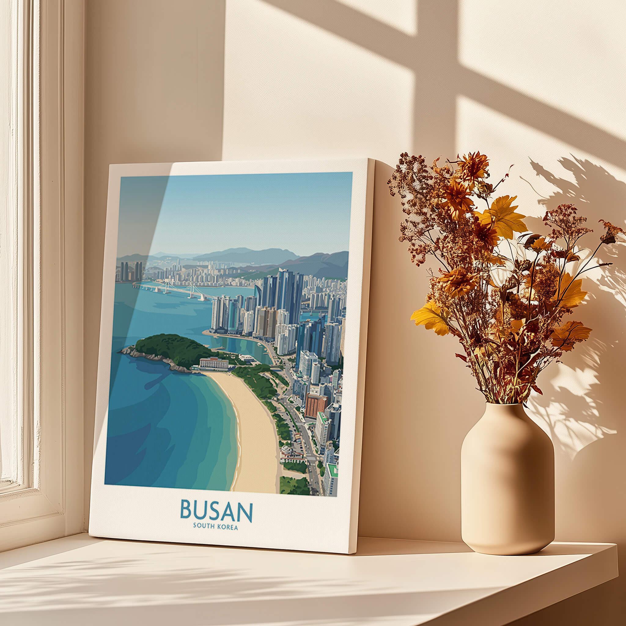 Busan South Korea skyline canvas print on windowsill with vase of dried flowers