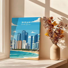 Busan South Korea city skyline canvas print on windowsill with dried flowers in vase