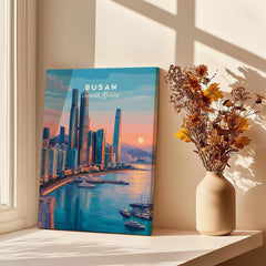 Busan South Korea skyline canvas print on a sunlit windowsill with vase of dried flowers