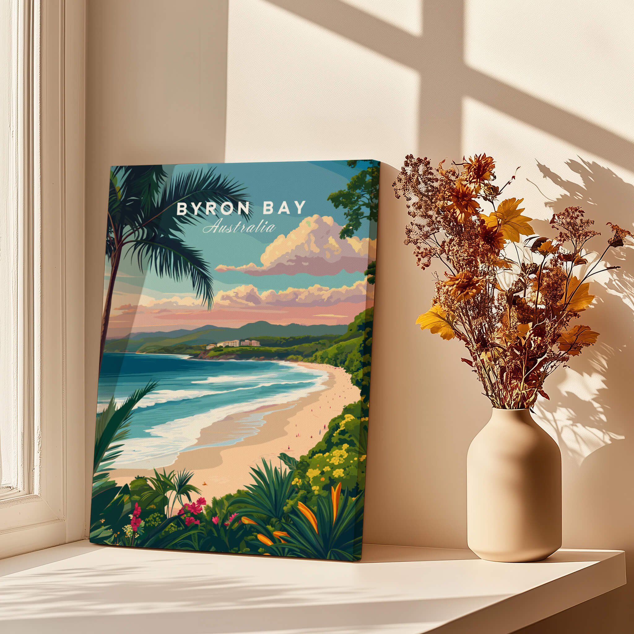Byron Bay Australia Travel Poster featuring a scenic beach view with tropical plants and a lighthouse.